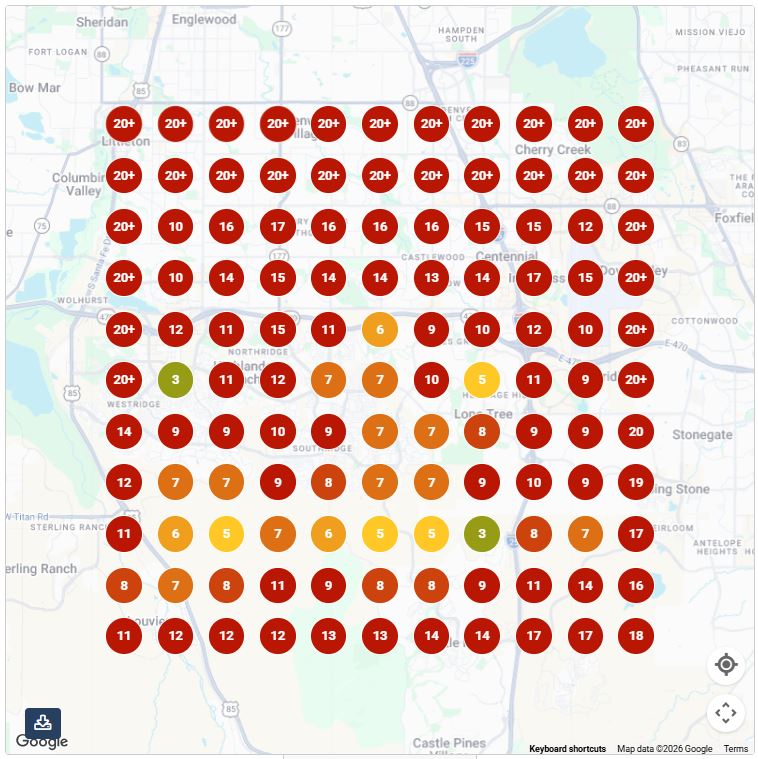 Before: Google Maps ranking heat map grid for the search 'WordPress web design', mostly red markers showing positions 10 to 20+ across the area.