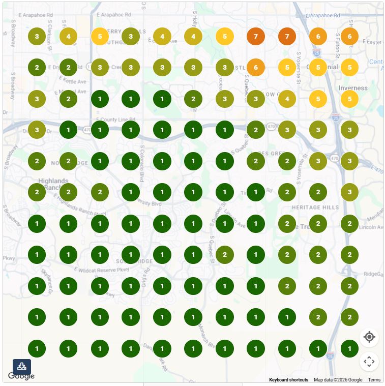 After: Google Maps ranking heat map grid for the search 'WordPress web design', mostly green markers showing positions 1 to 3 across the area.